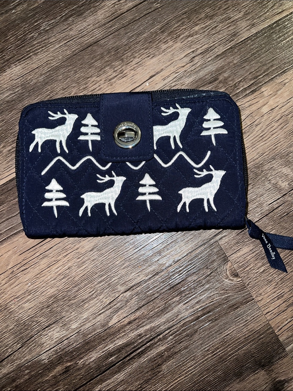 Vera Bradley Navy Quilted Wallet with White Reindeer Motif